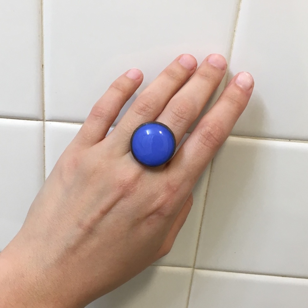 Handmade Copper Metal and Blue Art Glass Ring